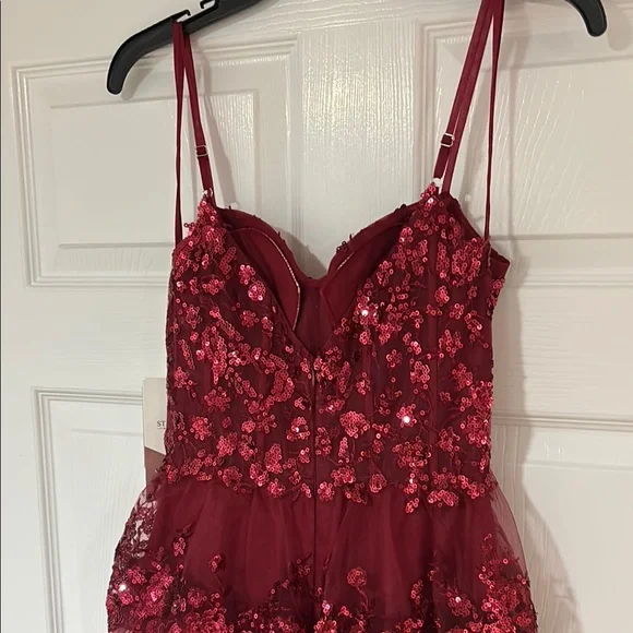 Stacees Red burgundy A-line Corset Tiered Ruffle Slit Prom Dress with Sequins - Picture 9 of 10